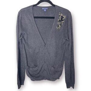 Gap Size S Charcoal Gray Cashmere Blend Embellished Rhinestone Brooch Cardigan